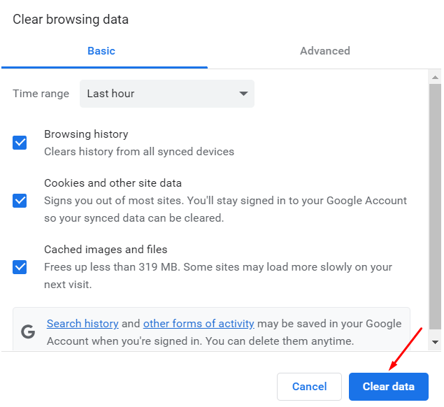 Kuidas kustutada Google Chromei vahemälu, küpsiseid ja sirvimisajalugu clear browsing data button