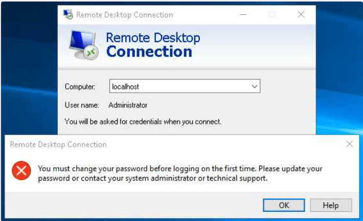 Changing the Windows password during the first login remote desktop connection error
