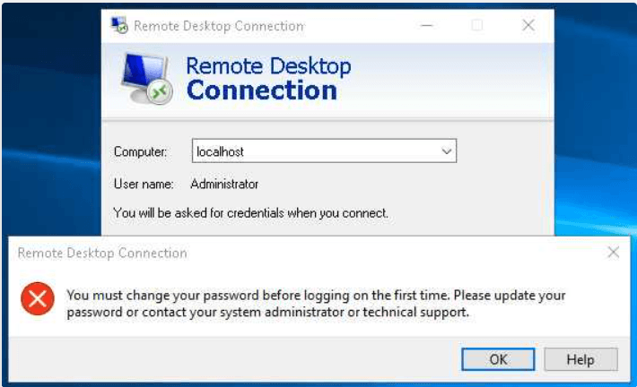 Изменение пароля Windows при первом входе remote desktop connection error