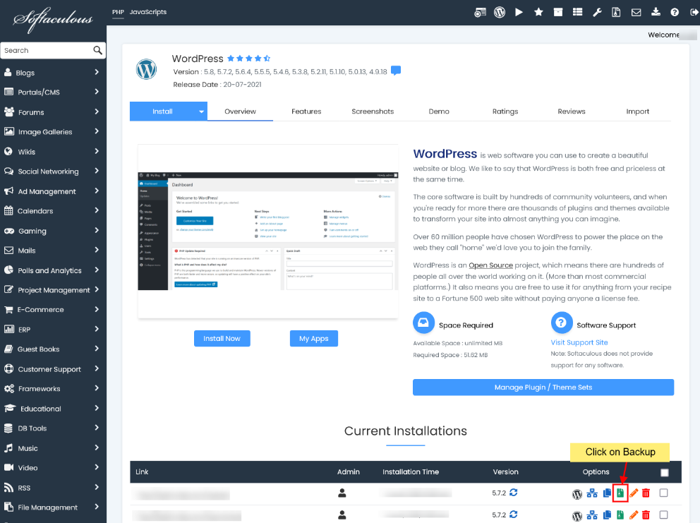 How to Backup an Installation in Softaculous backup icon