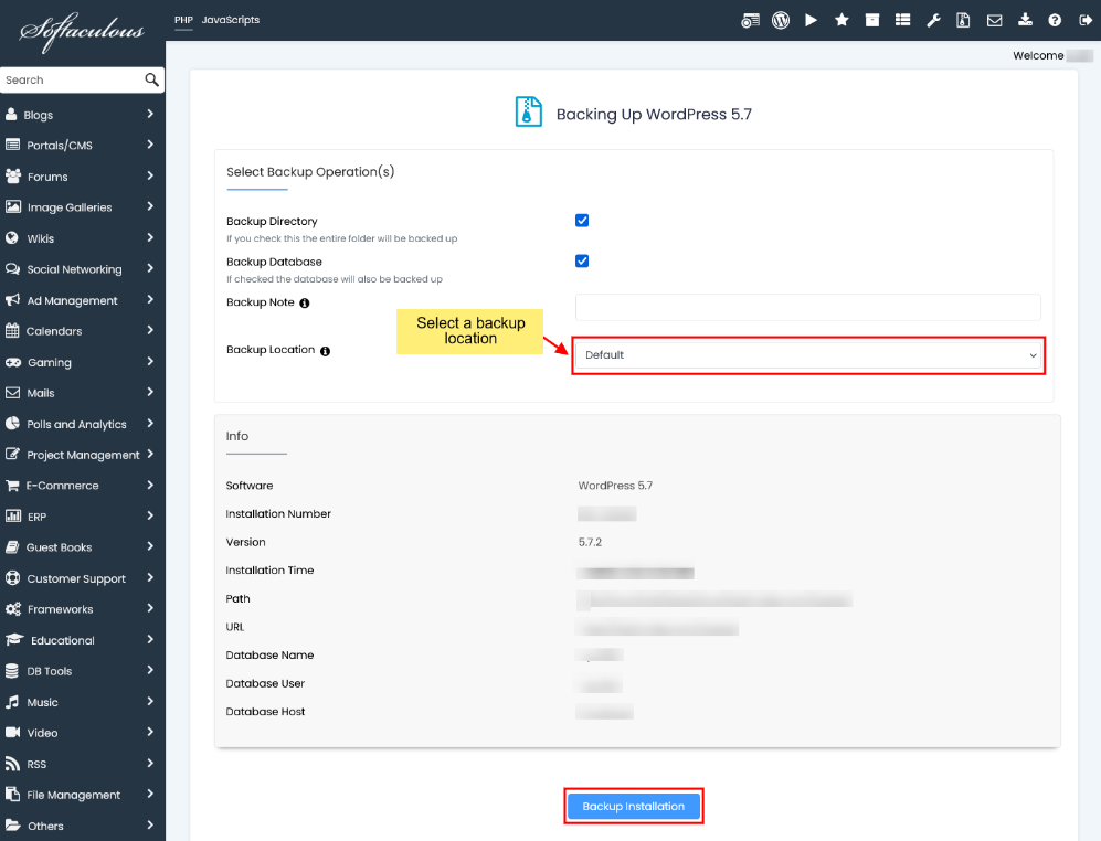 How to Backup an Installation in Softaculous softaculous backup location