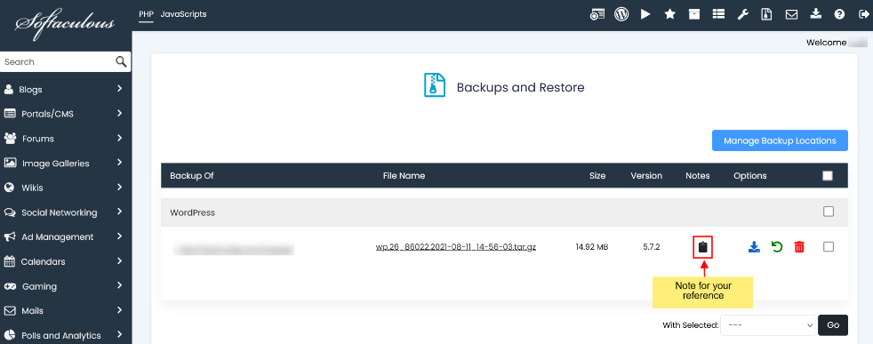 How to Backup an Installation in Softaculous softaculous backup note