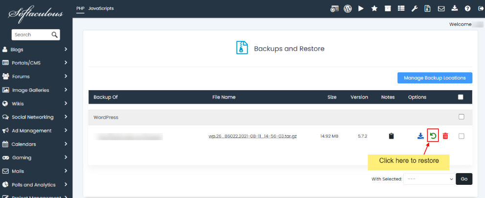 How to Restore a Backup in Softaculous softaculous backup restore button