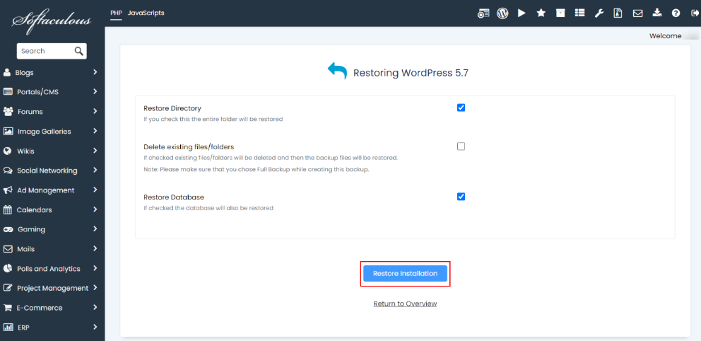 How to Restore a Backup in Softaculous softaculous backup restore installation