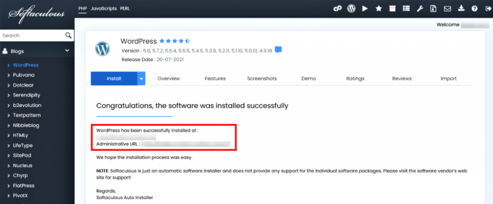 Установка скрипта в Softaculous softaculous wordpress installation finish