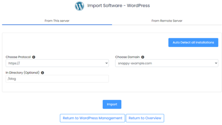 Kaip importuoti „WordPress“ ar programas į „Softaculous“. softaculous import software subdirectory