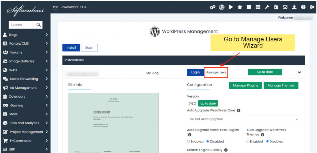 WordPress Manager in Softaculous softaculous wordpress manager 11