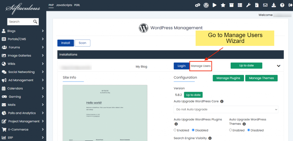 Менеджер WordPress в Softaculous softaculous wordpress manager 21