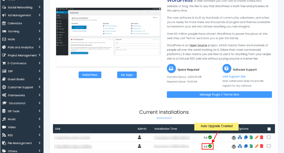 Auto Upgrade Installation in Softaculous auto upgrade softacoluos installation 8